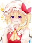  1girl ascot bangs blonde_hair blush bow breasts closed_mouth commentary_request crystal dress eyebrows_visible_through_hair eyes_visible_through_hair flandre_scarlet frills hair_between_eyes hand_up hat hat_bow highres jewelry koroyarou lamp looking_to_the_side medium_breasts mob_cap multicolored_eyes one_side_up pointing pointy_ears puffy_short_sleeves puffy_sleeves red_bow red_dress red_eyes short_hair short_sleeves smile solo star_(symbol) starry_background teeth touhou upper_body violet_eyes white_background white_headwear wings yellow_ascot 