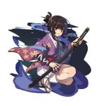  1girl bangs blunt_bangs breasts brown_hair floral_print gauntlets half_updo holding holding_sword holding_weapon japanese_clothes katana kimono lips looking_at_viewer medium_hair original parted_lips purple_kimono rang_go scabbard sheath sheathed sidelocks small_breasts solo sword tabi violet_eyes weapon white_background wide_sleeves zouri 