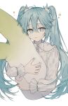  1girl :t absurdres alternate_costume aqua_eyes aqua_hair aqua_nails bangs closed_mouth cropped_legs cropped_torso deep_(deep4946) hair_between_eyes hatsune_miku highres leek long_hair long_sleeves looking_at_viewer nightgown object_hug pillow pillow_hug solo star_(symbol) twintails upper_body vocaloid white_background white_nightgown 