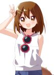  1girl :d arm_up bangs blush brown_eyes brown_hair commentary_request eyebrows_visible_through_hair hair_ornament hairclip haru_(konomi_150) highres hirasawa_yui k-on! looking_at_viewer open_mouth shirt short_hair simple_background sleeveless smile solo v white_background white_shirt 