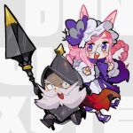  1boy 1girl animal_ears armor beard character_name chibi don_quixote_(fate) facial_hair fate/grand_order fate_(series) glasses grey_hair hamelon310 helmet high_heels highres holding holding_polearm holding_weapon horse_ears mustache pink_hair polearm sancho_(fate) spear violet_eyes weapon 
