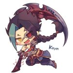 1boy armor black_hair black_sclera blue_hair blush character_name chibi claws colored_sclera corruption eyes_visible_through_hair fang greaves grey_background heterochromia highres holding holding_scythe holding_weapon kayn_(league_of_legends) league_of_legends living_weapon long_hair megusurisup multicolored_hair open_mouth over_shoulder red_eyes scythe simple_background slit_pupils smile solo tongue topless_male weapon weapon_over_shoulder yellow_eyes 