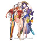  2girls altina blue_eyes blue_hair breasts edelgard_von_hresvelg fire_emblem fire_emblem:_radiant_dawn fire_emblem:_three_houses fire_emblem_heroes flower hair_flower hair_ornament hair_ribbon hat holding kakage large_breasts long_hair looking_at_viewer multiple_girls official_art open_mouth plumeria purple_hair ribbon smile swimsuit very_long_hair violet_eyes white_hair 