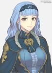  1girl bangs blue_hair blush breasts brown_eyes cape closed_mouth dress fire_emblem fire_emblem:_three_houses fire_emblem_heroes fire_emblem_warriors:_three_hopes gofelem headband long_hair long_sleeves looking_at_viewer marianne_von_edmund simple_background smile solo upper_body 