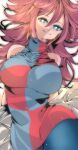 1girl android_21 blue_eyes breasts checkered_clothes checkered_dress closed_mouth dragon_ball dragon_ball_fighterz dress earrings grey_background hair_between_eyes highres hoop_earrings jewelry kinakomochi_(user_vedc2333) labcoat large_breasts long_hair looking_at_viewer medium_breasts off_shoulder red_ribbon_army redhead removing_jacket ring simple_background smile solo