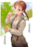  1girl blue_sky blush brown_eyes brown_hair closed_mouth clouds dripping english_text fingernails food fruit half-closed_eyes highres holding holding_food holding_fruit long_fingernails maido_mido medium_hair orange_(fruit) orange_nails original outdoors overalls sky sleeves_past_wrists solo tree turtleneck twintails wiping_face 