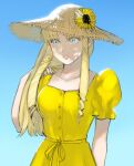  1girl adjusting_hair arm_at_side bangs bare_arms blonde_hair blue_background blue_eyes blue_sky breasts dappled_sunlight day dress drill_hair flower hand_up hat hat_flower highres konjiki_no_gash!! long_hair looking_away outdoors ozaki_(tsukiko3) parted_lips puffy_short_sleeves puffy_sleeves ringlets sash sherry_belmont short_sleeves side_drill sideways_glance sky solo straw_hat sun_hat sunflower sunlight twin_drills upper_body yellow_dress 