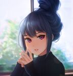  1girl blue_hair commentary english_commentary hair_bun hanr10 highres lips looking_at_viewer own_hands_together parted_lips portrait shima_rin sleeves_past_wrists solo sweater upper_body violet_eyes yurucamp 