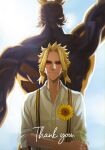  2boys all_might back-to-back bangs blonde_hair bodysuit boku_no_hero_academia closed_mouth collarbone dress_shirt dual_persona facing_viewer flower grey_background grey_shirt highres medium_hair multiple_boys muscular muscular_male parted_bangs shirt simple_background smile sunflower suspenders trevo_(trevoshere) upper_body yagi_toshinori 