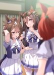  3girls animal_ears blurry blurry_foreground breasts brown_hair commentary_request eyewear_on_head hair_ornament highres horse_ears horse_tail medium_breasts mofu_namako multiple_girls nice_nature_(umamusume) redhead school_uniform shinko_windy_(umamusume) short_hair sunglasses tail tracen_school_uniform umamusume 