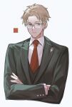  1boy bishounen blonde_hair closed_mouth crossed_arms formal glasses green_eyes green_suit highres male_focus necktie pienahenggou red_necktie shirt simple_background solo spy_x_family suit twilight_(spy_x_family) upper_body white_background white_shirt 