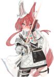  1girl animal_ears arknights black_gloves flametail_(arknights) gauntlets gloves helmet highres holding holding_sword holding_weapon long_hair looking_at_viewer red_eyes redhead simple_background solo squirrel_ears squirrel_girl squirrel_tail suisogenshi sword tail thigh_strap weapon white_background 