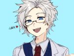  1boy :d blue_eyes blue_sweater_vest chinese_commentary collared_shirt glasses grey_hair highres kanou_aogu labcoat light_blue_background male_focus necktie open_labcoat open_mouth red_necktie rostina-pason saibou_shinkyoku shirt short_hair smile solo sweater_vest teeth upper_body upper_teeth white_shirt 