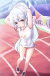  1girl armpits biting blue_sky blush buruma dripping field flag gym_uniform japanese_text looking_at_another original outdoors ponytail shoes short_shorts sportswear stadium sunlight sweat sweating_profusely thighs tying_hair very_long_hair 