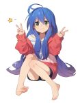 1girl :3 absurdres ahoge bangs barefoot black_shorts blue_hair casual collarbone feet full_body green_eyes hair_between_eyes highres izumi_konata jitome knees_together_feet_apart long_hair long_sleeves looking_at_viewer loose_clothes lucky_star off_shoulder rang_go red_sweater shirt shorts sitting smile solo star_(symbol) sweater v very_long_hair white_background white_shirt 
