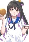  1girl black_hair blue_sailor_collar commentary_request cosplay dorayaki dress facing_viewer food hiburi_(kancolle) hiburi_(kancolle)_(cosplay) holding kantai_collection ld_(luna_dial398) long_hair multicolored_hair naganami_(kancolle) pink_hair plate sailor_collar sailor_dress short_sleeves sideways_glance simple_background smile solo wagashi white_background white_dress 