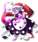  1girl :d bangs black_dress blue_eyes blue_hair doremy_sweet dress eyebrows_visible_through_hair full_body hat highres looking_at_viewer open_mouth pom_pom_(clothes) red_headwear santa_hat short_hair simple_background smile solo tail tapir_tail touhou two-tone_dress white_background white_dress white_footwear zenji029 