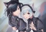  2girls :p absurdres animal_ear_fluff animal_ears arisaki_(cnxy7525) arm_belt arm_warmers black_bow black_bowtie black_dress black_hair black_hairband bow bow_earrings bowtie breasts cat_ears cleavage_cutout closed_mouth clothing_cutout dress dual_persona ear_piercing earrings eyebrows_visible_through_hair eyes_visible_through_hair facing_another frills gothic_lolita hair_ornament hair_over_one_eye hairband hairclip hexagon_hair_ornament highres holding_hands interlocked_fingers jewelry lolita_fashion looking_at_viewer maid_headdress mitsurugi_lia multiple_girls official_alternate_costume piercing puffy_short_sleeves puffy_sleeves red_eyes short_hair short_sleeves sidelocks small_breasts smile tongue tongue_out two_side_up v-shaped_eyebrows virtual_youtuber wactor_production white_hair 