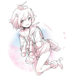  1girl binoculars blush character_name cherry_blossoms commentary_request dress greyscale greyscale_with_colored_background hair_between_eyes headgear holding holding_binoculars kantai_collection long_sleeves looking_at_viewer monochrome neckerchief open_mouth rudder_footwear sailor_collar sailor_dress short_hair simple_background sketch solo u35 yukikaze_(kancolle) 