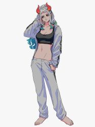  1girl aqua_hair blue_hair commentary_request earrings full_body hdksz_39 highres hoop_earrings horns jewelry looking_to_the_side midriff navel one_piece sidelocks simple_background solo sports_bra track_suit white_background white_hair yamato_(one_piece) 