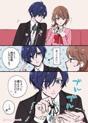  1boy 1girl applying_another's_manicure applying_manicure arrow_(symbol) black_jacket black_ribbon blue_eyes blue_hair bow bowtie brown_eyes brown_hair cardigan choker collared_shirt commentary couch earphones_removed earrings flipped_hair gekkoukan_high_school_uniform hair_between_eyes highres holding_hands ikuya_kawaii jacket jewelry long_sleeves looking_at_another loose_bowtie motion_lines nail_polish nail_polish_brush neck_ribbon on_couch open_clothes open_jacket painting_fingernails persona persona_3 persona_3_reload pink_cardigan pink_nails pointing pointing_at_self red_bow red_bowtie ribbed_cardigan ribbon school_uniform shirt short_hair stud_earrings sweatdrop takeba_yukari twitter_username upper_body white_choker white_shirt yuuki_makoto_(persona_3) 
