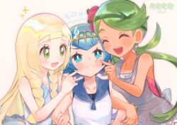  3girls :d abe_(kumayu) bare_arms blonde_hair blue_eyes blue_hair blush cheek_poking closed_eyes closed_mouth commentary_request dress eyelashes freckles green_eyes green_hair grey_overalls hairband hand_up heart highres lana_(pokemon) lillie_(pokemon) locked_arms long_hair mallow_(pokemon) multiple_girls open_mouth overalls pokemon pokemon_sm poking revision shirt short_hair sleeveless sleeveless_dress sleeveless_shirt smile sparkle swept_bangs teeth twintails upper_teeth_only white_dress white_shirt yellow_hairband 