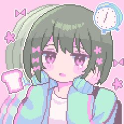  1girl alarm_clock amenbopotupotu aqua_jacket backpack bag black_bag blush bob_cut bow bread bread_slice cevio clock commentary expressionless flower food grey_hair hair_between_eyes hair_bow hair_flower hair_ornament hands_on_own_cheeks hands_on_own_face hands_up iyowa_girls jacket jitome kurari-chan_(iyowa) kyu-kurarin_(cevio) long_sleeves looking_at_viewer no_nose open_clothes open_jacket open_mouth outline pink_bow pink_eyes pink_flower pixel_art portrait puffy_long_sleeves puffy_sleeves recurring_image shirt short_hair single_vertical_stripe sleeves_past_wrists solo symbol-only_commentary tongue white_outline white_shirt 