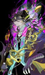  1boy arknights black_background chinese_clothes closed_mouth dragon_boy dragon_ears furry furry_male highres holding kaifei_(kaifei_29) lee_(arknights) lee_(the_life_appraiser)_(arknights) looking_at_viewer male_focus 