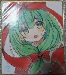  1girl bow front_ponytail green_eyes green_hair hair_bow hair_ribbon highres hoshi_tea_party kagiyama_hina long_hair looking_at_viewer open_mouth photo_(medium) ribbon solo touhou white_background 