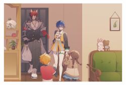  2boys 2girls absurdres animal_ear_fluff animal_ear_piercing animal_ears bag bandaged_arm bandages beads belle_(delicate_sunlight)_(zenless_zone_zero) belle_(zenless_zone_zero) black_gloves black_hair black_jacket blonde_hair blue_eyes blue_hair blush bracelet brown_cardigan brown_hair cardigan cargo_pants child chinese_clothes collar collarbone commentary_request couch crossed_bangs cup dog_boy dog_ears door dress dress_over_shirt fingerless_gloves from_behind gloves green_pants hair_between_eyes hair_ornament highres holding holding_bag hydrangea_salty indoors jacket jewelry komano_manato letter_hair_ornament looking_at_another multicolored_hair multiple_boys multiple_girls multiple_scars muscular muscular_male necklace official_alternate_costume open_mouth orange_dress painting_(object) pants pantyhose pectorals plant plastic_bag potted_plant red_bandage red_eyes red_hair red_shirt scar scar_across_eye scar_on_chest scar_on_face shirt shoes short_hair spiked_jacket stuffed_animal stuffed_toy sweatdrop teddy_bear thigh_strap twintails v-shaped_eyebrows white_pantyhose white_shirt white_shoes zenless_zone_zero 