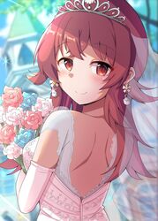  absurdres bouquet breasts bridal_veil dress earrings elbow_gloves ginmugi gloves highres idolmaster idolmaster_shiny_colors jewelry komiya_kaho long_hair looking_at_viewer looking_back medium_breasts red_eyes redhead smile tiara veil wedding_dress 