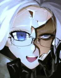  1boy aotsuki_eito black_gloves blue_eyes cracked_kawaii_mask cracked_mask eyelashes glasses gloves hashtag-only_commentary male_focus mask oncein_a_moon open_mouth parted_hair portrait rolling_eyes sanpaku short_hair smile solo teeth the_hundred_line_-last_defense_academy- tongue upper_teeth_only white_hair 