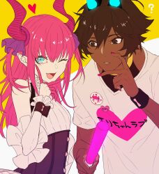  1boy 1girl ? arjuna_(fate) arjuna_alter_(fate) blue_eyes brown_eyes clothes_writing dark-skinned_male dark_skin elizabeth_bathory_(fate) eyelashes fangs fate/grand_order fate_(series) fuka_(hk_nemo) glowstick hair_between_eyes highres holding holding_glowstick horn_ornament horn_ribbon horns long_hair one_eye_closed open_mouth parted_lips pink_hair pink_nails pointy_ears ribbon shirt short_hair white_shirt wrist_cuffs wristband yellow_background 