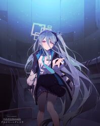  1girl absurdly_long_hair absurdres aqua_halo arm_at_side artist_name black_hairband black_jacket black_skirt blue_archive blue_jacket blue_necktie blush bright_pupils closed_mouth collared_shirt commentary_request commission double-parted_bangs feet_out_of_frame gradient_halo grey_hair hair_between_eyes hairband hakusama233 halo highres jacket kei_(blue_archive) light_particles light_smile long_bangs long_hair long_hair_between_eyes long_sleeves looking_at_viewer multicolored_halo multicolored_jacket necktie one_side_up open_clothes open_jacket outstretched_hand overlighting pleated_skirt puffy_long_sleeves puffy_sleeves reaching reaching_towards_viewer rectangular_halo red_eyes red_halo ringed_eyes school_uniform shirt shirt_tucked_in sidelocks skirt solo standing tie_clip two-sided_fabric two-sided_jacket very_long_hair white_jacket white_pupils white_shirt 