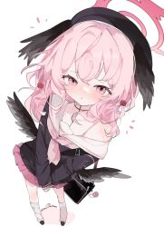  1girl artist_name bag_charm beret black_bag black_cardigan black_shoes black_wings blue_archive cardigan charm_(object) commentary_request feathered_wings floating_hair flower flower_hairclip from_above full_body halo hat head_wings highres imaichichan kneehighs koharu_(blue_archive) leaning_to_the_side light_blush long_sleeves looking_at_viewer medium_hair multiple_wings neckerchief notice_lines own_hands_together pink_eyes pink_hair pink_halo pink_neckerchief pink_skirt pleated_skirt red_flower red_rose rose sailor_collar shoes simple_background single_bare_shoulder skirt snail_charm socks solo standing twitter_username white_background white_sailor_collar white_socks winged_hat wings 