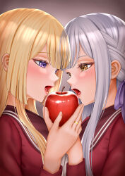  2girls apple assault_lily blonde_hair blunt_bangs braid brown_background brown_sailor_collar commentary eating face-to-face fingernails food from_side fruit gradient_background grey_hair hair_ribbon highres holding holding_food holding_fruit imai_tomohiro jewelry kanba_girls_high_school_uniform kon_kanaho long_sleeves looking_at_another miyagawa_takane multiple_girls open_mouth purple_ribbon red_shirt ribbon ring sailor_collar school_uniform shared_food shirt side_braid sidelocks upper_body violet_eyes yellow_eyes yuri 