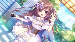  1girl :d blue_sky blush bow brown_corset brown_hair buttons collarbone corset cowboy_shot day detached_collar detached_sleeves dot_nose double-breasted dress dutch_angle film_grain game_cg hair_bow hair_over_one_eye hair_ribbon holding holding_microphone idol idol_clothes izumi_tsubasu lens_flare long_hair long_sleeves looking_at_viewer microphone mizushino_sono non-web_source official_art open_mouth outdoors purple_bow purple_dress purple_ribbon purple_wrist_cuffs re:stage! ribbon single_wrist_cuff sky smile solo sparkle stage standing standing_on_one_leg striped_bow sunlight tree violet_eyes wrist_cuffs 