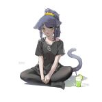  absurdres alternate_costume animal_ear_fluff animal_ears arknights black_hair black_legwear black_shirt blush bra_strap cat_ears cat_girl cat_tail character_name cup drink drinking_glass ears_down english_text food fruit full_body green_eyes hair_ornament hair_scrunchie highres indian_style jessica_(arknights) lime_(fruit) lime_slice long_hair no_shoes open_mouth own_hands_together pantyhose ponytail scrunchie shinnasuka025 shirt short_sleeves simple_background sitting tail white_background 