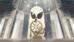  1girl 2boys arch auriga_(constellation) black_coat black_hair black_shirt black_wings book bookshelf cancer_(constellation) canis_minor_(constellation) coat commentary constellation_print crossed_arms crossed_legs cygnus_(constellation) draco_(constellation) english_commentary feathered_wings full_body gears gemini_(constellation) han_sooyoung hanging_light highres indoors kim_dokja leo_(constellation) library light_particles looking_at_viewer lyra_(constellation) multiple_boys mustika_d_a official_alternate_costume omniscient_reader's_viewpoint open_clothes open_coat plant polaris_(star) popped_collar procyon_(star) railing scenery shirt short_hair sitting standing standing_on_one_leg star_chart star_map statue too_many too_many_books ursa_major_(constellation) ursa_minor_(constellation) vega_(star) vines white_coat wide_shot wings yoo_joonghyuk 