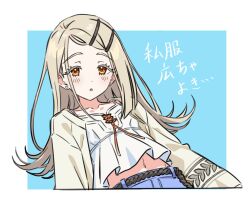  1girl :o belt black_belt blonde_hair blue_background blue_shorts blush border breasts camisole collarbone colored_eyelashes commentary_request dot_nose earrings flipped_hair gakuen_idolmaster gradient_hair grey_hair hair_ornament hairclip highres idolmaster jewelry kousuke0912 long_hair looking_at_viewer midriff multicolored_hair open_clothes open_mouth open_robe orange_eyes orange_ribbon outside_border parallel_hairclips parted_bangs ribbon robe rope_belt shinosawa_hiro shorts small_breasts solo stud_earrings translation_request white_border white_camisole white_robe 