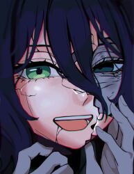  1girl blue_hair broken_mask bruise bruise_on_face chainsaw_man commentary cracked_kawaii_mask cracked_skin derivative_work dirty dirty_face english_commentary green_eyes hair_between_eyes hand_on_own_face highres injury mask medium_hair miovartz open_mouth reze's_eye_twitch_(chainsaw_man) reze_(chainsaw_man) smile solo upper_body 