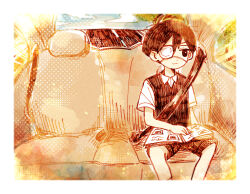  1boy black_eyes black_hair black_sweater_vest book book_on_lap bright_pupils brown_shorts car_interior closed_mouth collared_shirt commentary_request day eyepatch highres male_focus o_tori_mhyk omori scrapbook shirt short_hair short_sleeves shorts sitting smile solo spoilers sunny_(omori) sweater_vest white_pupils white_shirt 