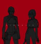  2girls braid braided_ponytail character_request elster_(signalis) english_commentary gun holding holding_gun holding_knife holding_weapon knife limited_palette mole mole_under_eye multiple_girls official_art red_background rose-engine signalis sketch uniform weapon yuri_stern 