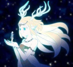  00bbb_lz 1boy 1girl aqua_nails armlet armor bare_shoulders black_cloak blonde_hair blue_eyes blue_tunic bracelet breasts circlet cloak colored_eyelashes dragon_ears dragon_girl dragon_horns dress earrings fingernails hashtag-only_commentary hood hood_down hooded_cloak horns in_palm jewelry light_dragon_(zelda) link long_fingernails long_hair looking_at_another low_ponytail medium_breasts necklace parted_bangs ponytail princess_zelda shoulder_armor sidelocks size_difference spoilers standing strapless strapless_dress teardrop_facial_mark the_legend_of_zelda the_legend_of_zelda:_tears_of_the_kingdom transformation tunic upper_body white_dress 