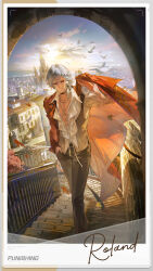  1boy absurdres arm_up barcode barcode_tattoo bird black_choker black_pants black_sclera chain chain_necklace character_name choker city closed_mouth clouds collared_shirt colored_sclera commentary copyright_name english_commentary facial_tattoo falling_leaves flock frilled_sleeves frills grey_hair grey_vest hair_between_eyes hand_in_pocket heterochromia highres house jewelry leaf long_sleeves male_focus maple_leaf mismatched_sclera necklace official_art outdoors pants polaroid_photo punishing:_gray_raven railing red_eyes roland_(pgr) shirt solo stairs striped_clothes striped_vest sunset tattoo vertical-striped_clothes vertical-striped_vest vest white_shirt yellow_eyes 