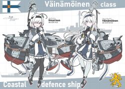  2girls absurdres ahoge anchor belt black_neckerchief black_pantyhose blue_eyes capelet commentary_request finland finnish_flag finnish_navy frilled_skirt frills full_body fur_trim hairband highres holding holding_polearm holding_weapon ilmarinen_(personification) ilmarinen_(ship) long_hair mecha_musume military multiple_girls neckerchief original pantyhose personification polearm ship_turret short_hair skirt teisei_misagi vainamoinen_(personification) vainamoinen_(ship) vehicle_and_personification very_long_hair weapon white_hair white_pantyhose 