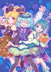  3girls absurdres alternate_costume antennae ascot black_bow black_shoes black_shorts blonde_hair blue_hair bow bowtie box brown_dress brown_pantyhose bug butterfly_wings closed_eyes collared_shirt commentary_request dress eternity_larva facing_viewer fur-trimmed_sleeves fur_trim gift gift_box green_ascot green_eyes green_hair green_shirt hair_bow heart highres holding holding_another's_arm holding_gift insect_wings juliet_sleeves kaoling kurodani_yamame long_sleeves looking_at_viewer medium_hair multiple_girls one_eye_closed open_mouth outline outstretched_arm pantyhose puffy_sleeves purple_bow purple_bowtie shirt shoes shorts silk smile snowflakes spider spider_web touhou white_outline wings wreath wriggle_nightbug 