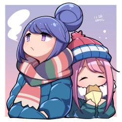  2girls ^_^ beanie blue_hair blue_jacket closed_eyes coat cream_puff deformed eating expressionless food green_jacket hair_bun hat highres jacket kagamihara_nadeshiko multiple_girls parka pink_hair pink_hat pom_pom_(clothes) pom_pom_beanie scarf shima_rin simple_background snowing striped_clothes striped_scarf umenodo violet_eyes winter_clothes winter_coat yurucamp 