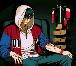  1boy :/ adam's_apple armchair black_hair blood blood_bag blue_jacket blue_pants chair choppy_bangs collarbone commentary_request cowboy_shot film_grain from_side green_eyes hair_between_eyes heterochromia hood hood_up hoodie hypnosis_mic intravenous_drip iv_stand jacket letterman_jacket long_sleeves looking_at_viewer male_focus mcyeoneo mole mole_under_eye multicolored_jacket open_clothes open_jacket pale_skin pants red_eyes red_jacket shadow short_hair silver_ring sitting sleeve_pushed_up solo thumb_ring two-tone_jacket v-shaped_eyebrows white_hoodie yamada_ichiro 