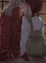  2girls blue_eyes brown_hair brown_overalls commentary eye_contact fanyaan girls_band_cry grey_eyes grey_hair hashtag-only_commentary highres imminent_kiss iseri_nina jacket kawaragi_momoka long_sleeves looking_at_another low_twintails multiple_girls overalls red_jacket shirt short_hair short_twintails sitting twintails white_shirt yuri 